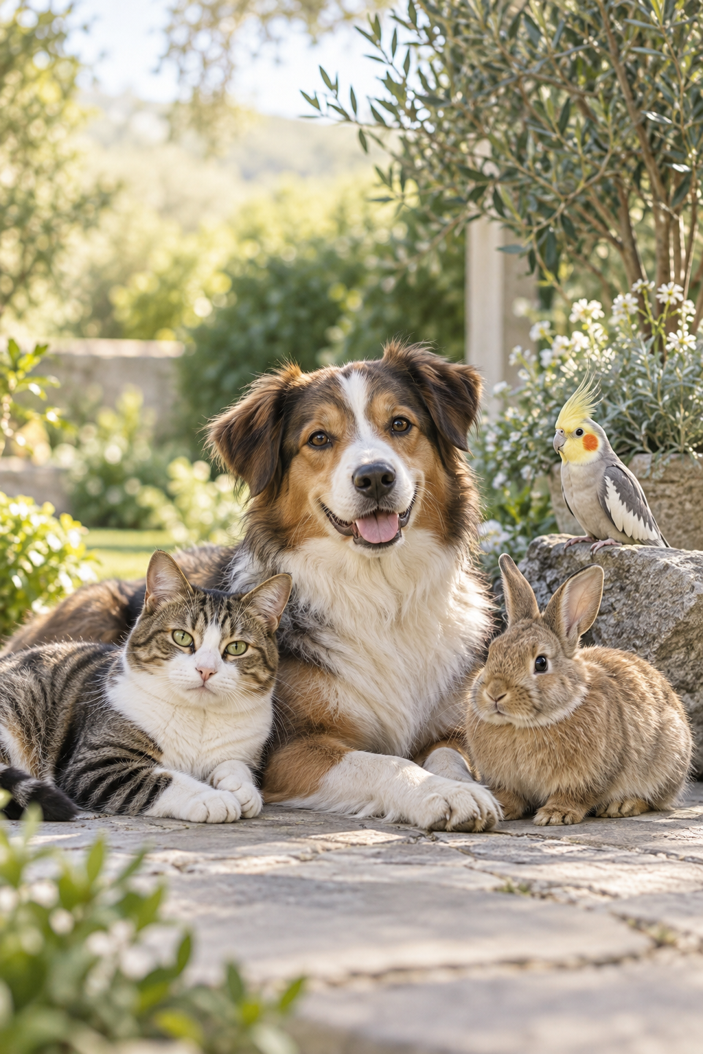 Cão, gato, coelho e calopsita em um jardim